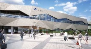 施工中の小松駅舎（外観イメージパース）